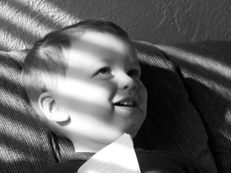 arty b/w photo of Hayden at 26 months